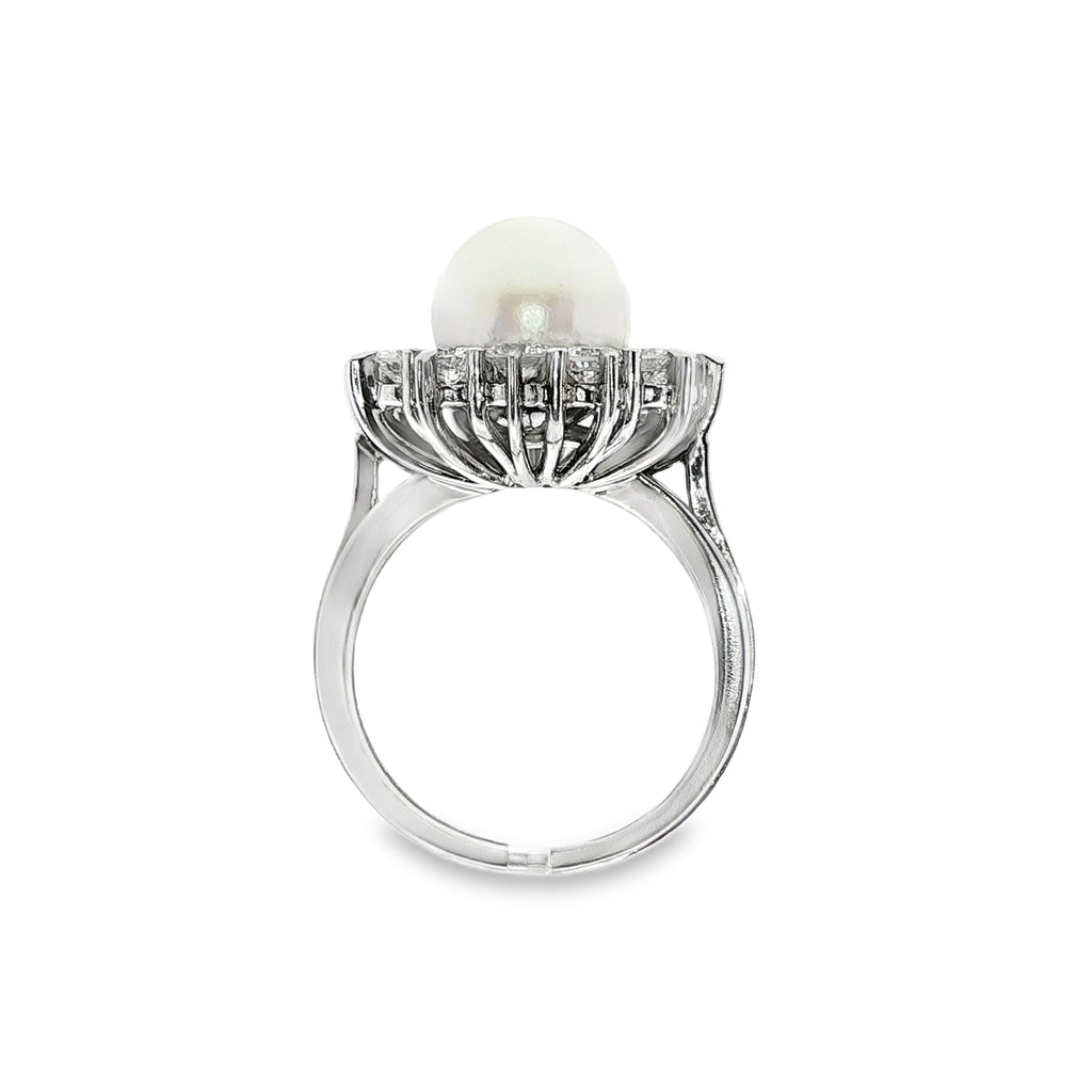 CONJUNTO ORO BLANCO ANILLO + PENDIENTES CON PERLAS Y DIAMANTES