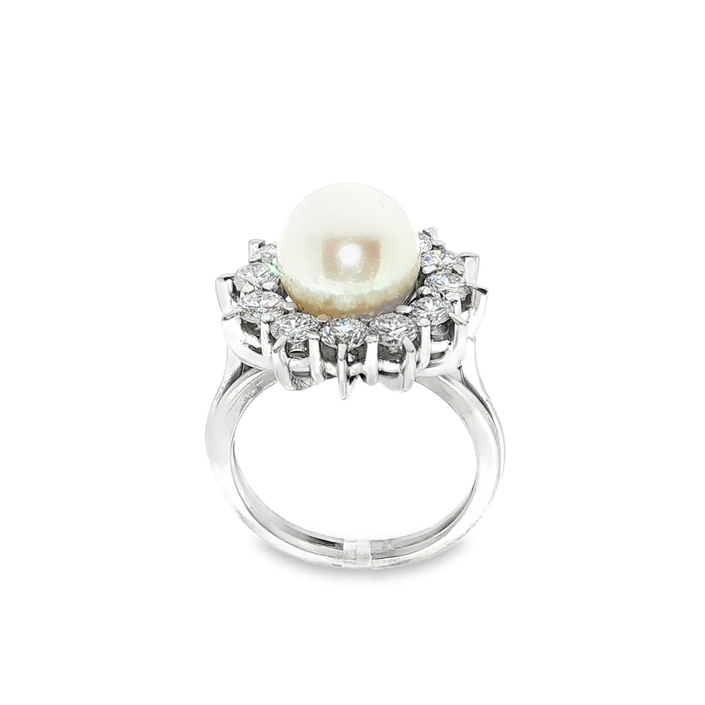 CONJUNTO ORO BLANCO ANILLO + PENDIENTES CON PERLAS Y DIAMANTES