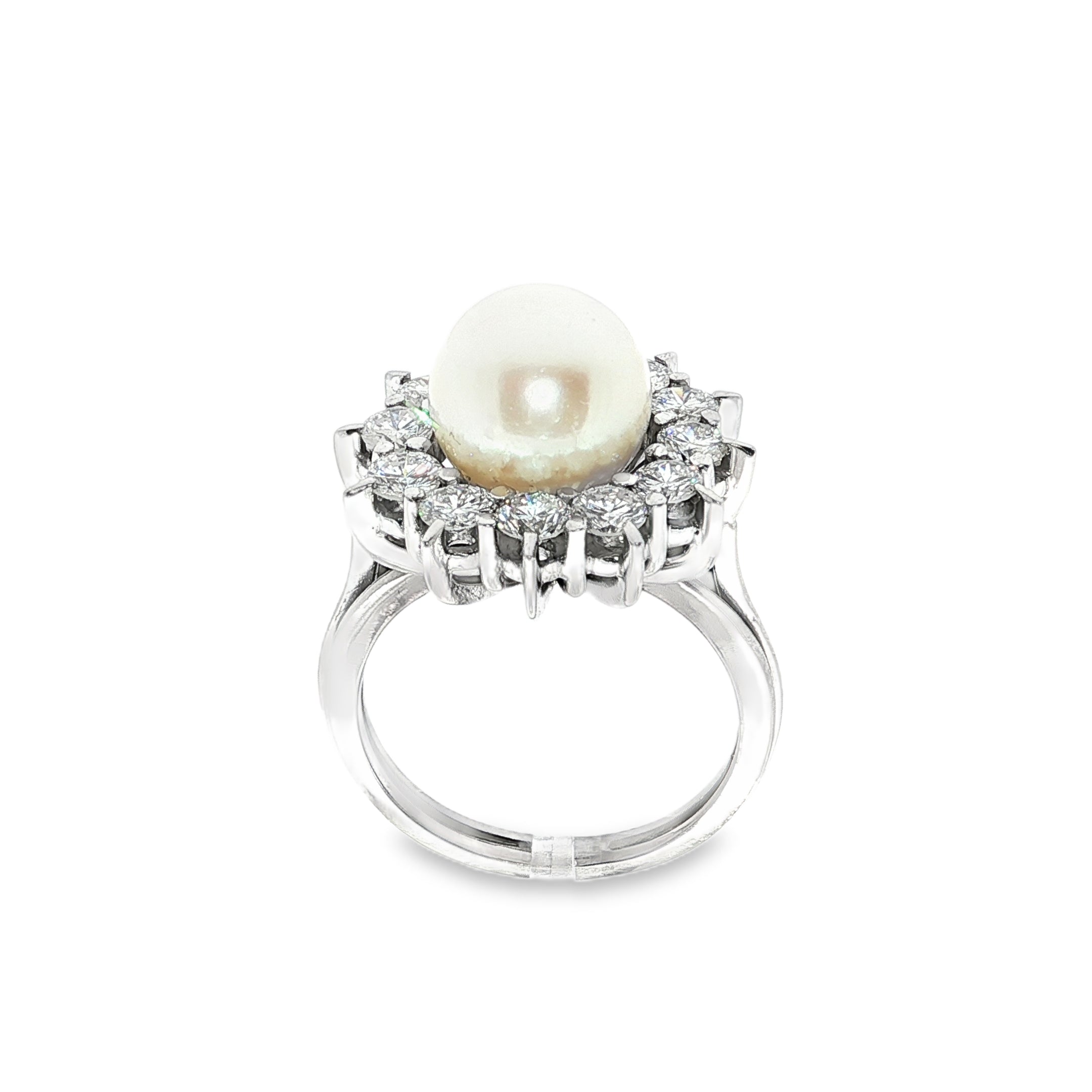CONJUNTO ORO BLANCO ANILLO + PENDIENTES CON PERLAS Y DIAMANTES