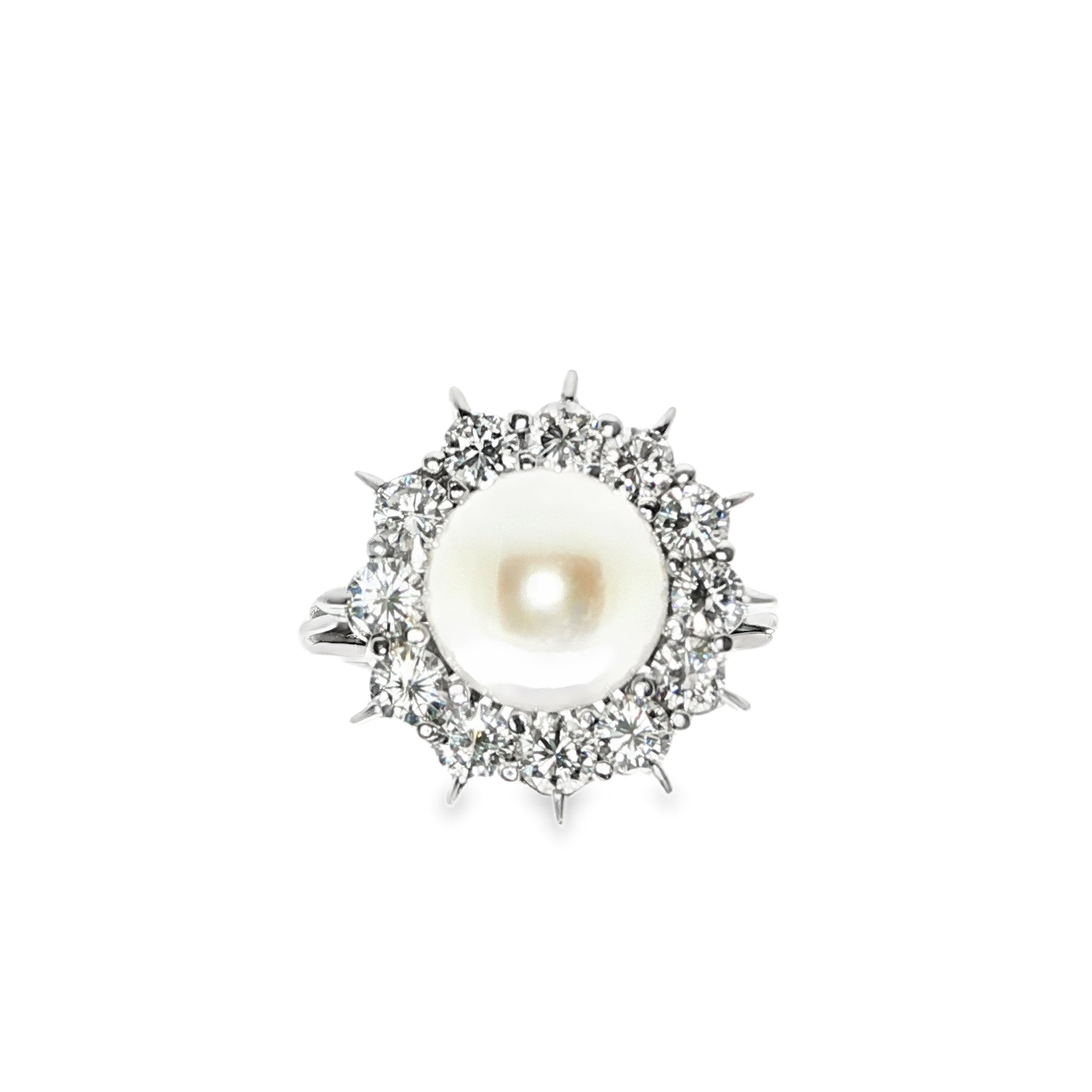 CONJUNTO ORO BLANCO ANILLO + PENDIENTES CON PERLAS Y DIAMANTES