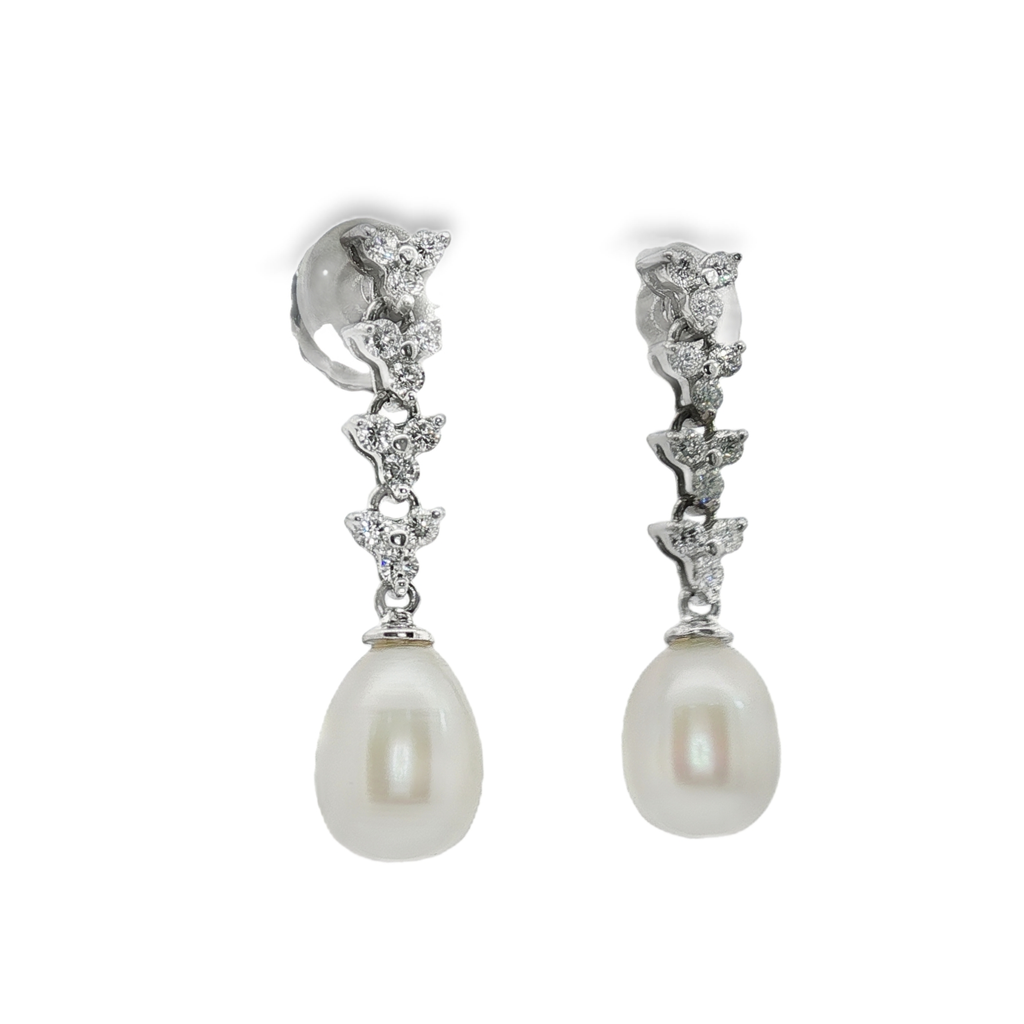 PENDIENTES ORO BLANCO CON DIAMANTES Y PERLAS
