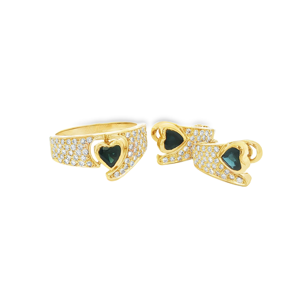 CONJUNTO SORTIJA Y PENDIENTES CON BRILLANTES Y ZAFIRO CORAZON