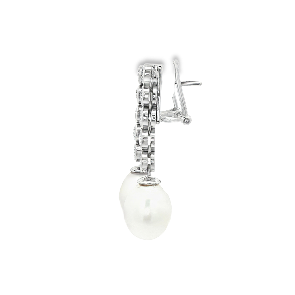 PENDIENTES LARGOS ORO BLANCO CON DIAMANTES Y PERLAS