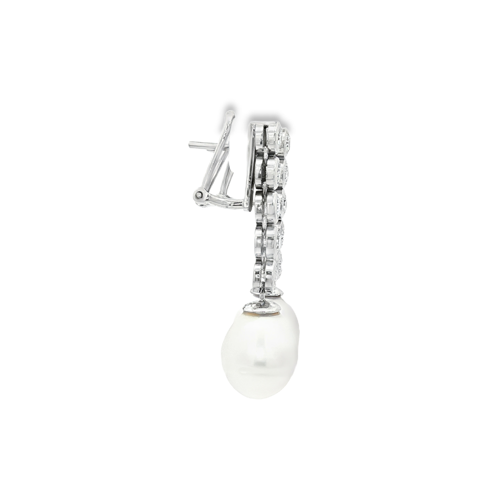 PENDIENTES LARGOS ORO BLANCO CON DIAMANTES Y PERLAS