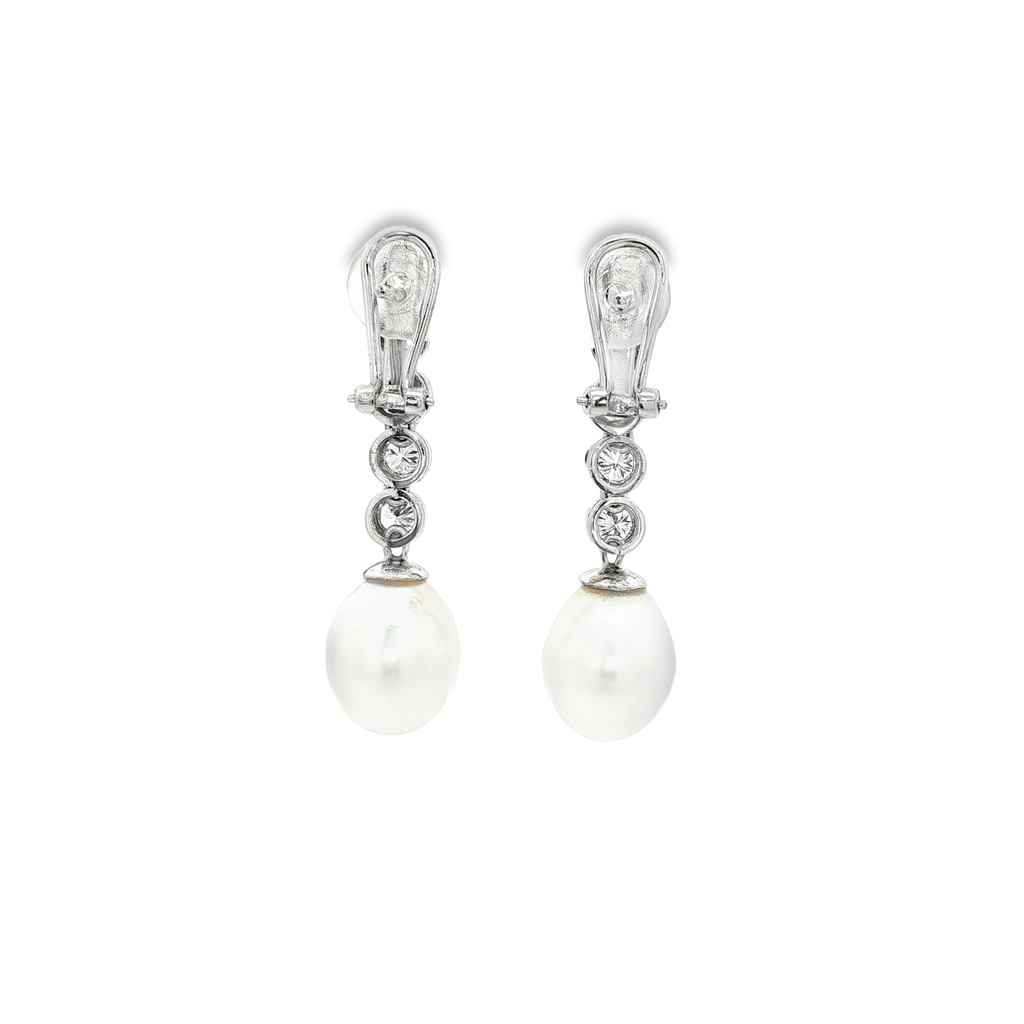 PENDIENTES LARGOS ORO BLANCO CON DIAMANTES Y PERLAS
