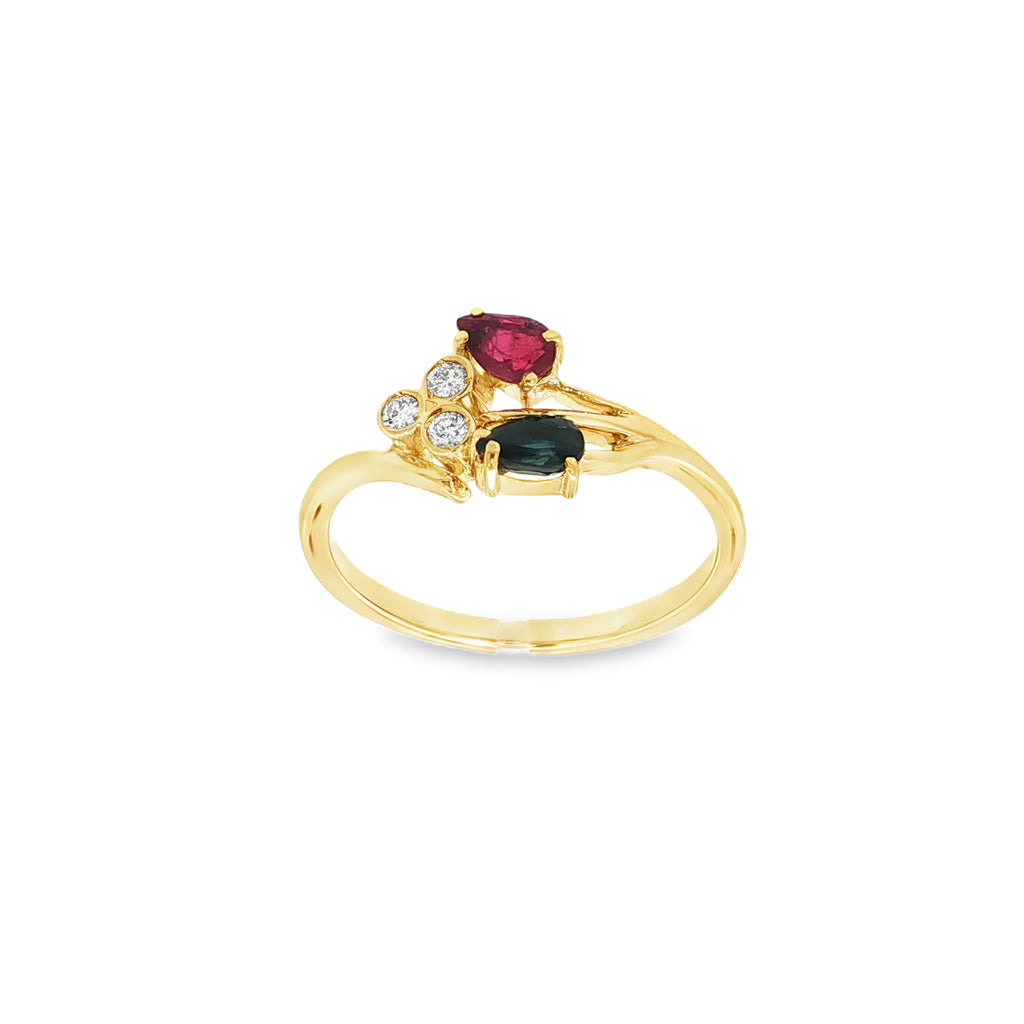 ANILLO TU Y YO ZAFIRO Y RUBI CON DIAMANTES
