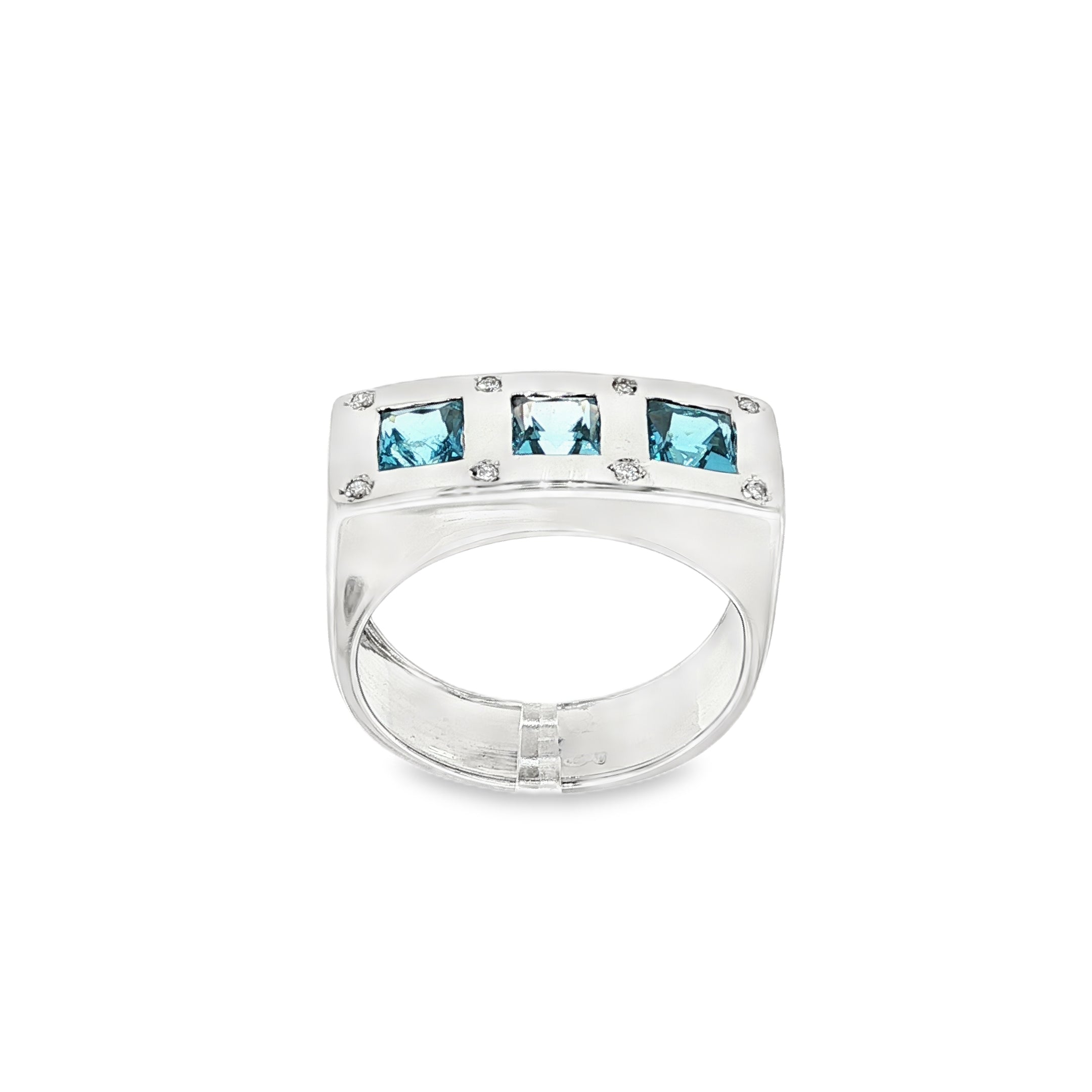 ANILLO ORO BLANCO 3 PIEDRAS AZULES Y DIAMANTES