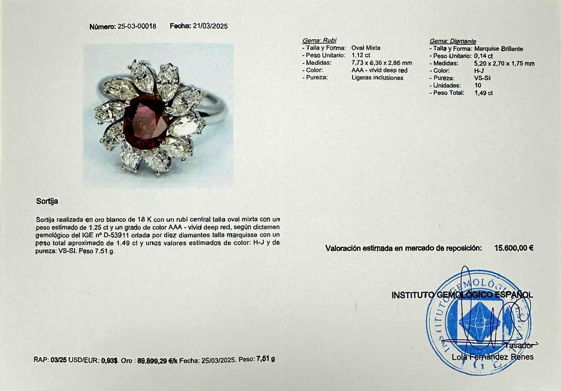 SORTIJA ORO BLANCO RUBI Y MARQUISES