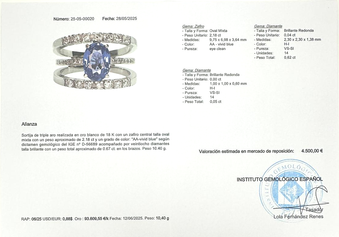 SORTIJA 3 AROS ORO BLANCO ZAFIRO Y BRILLANTES
