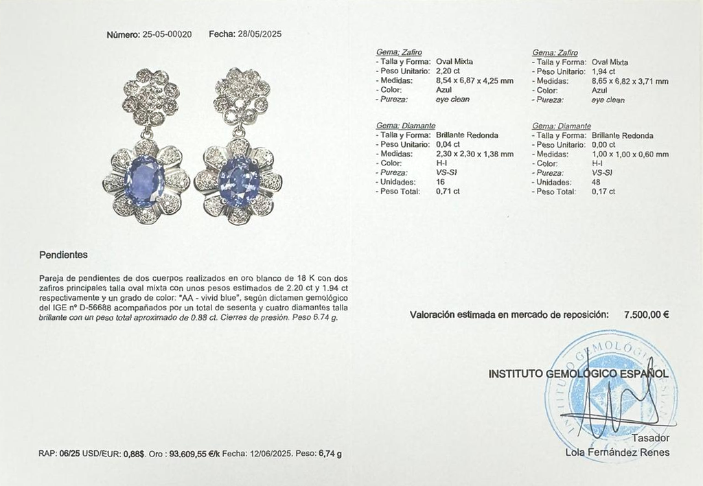 PENDIENTES ORO BLANCO ZAFIRO Y BRILLANTES