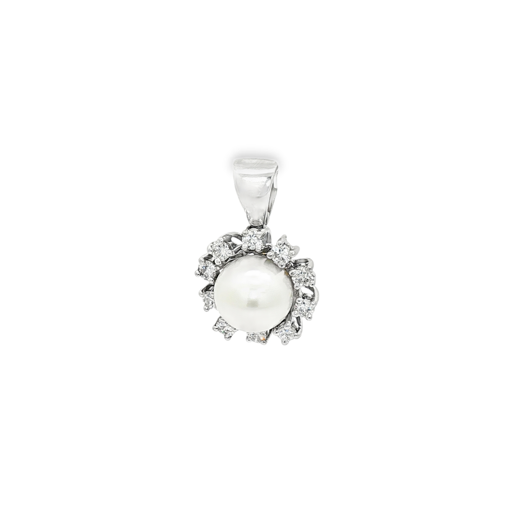 CONJUNTO ORO BLANCO CON PERLA Y BRILLANTES