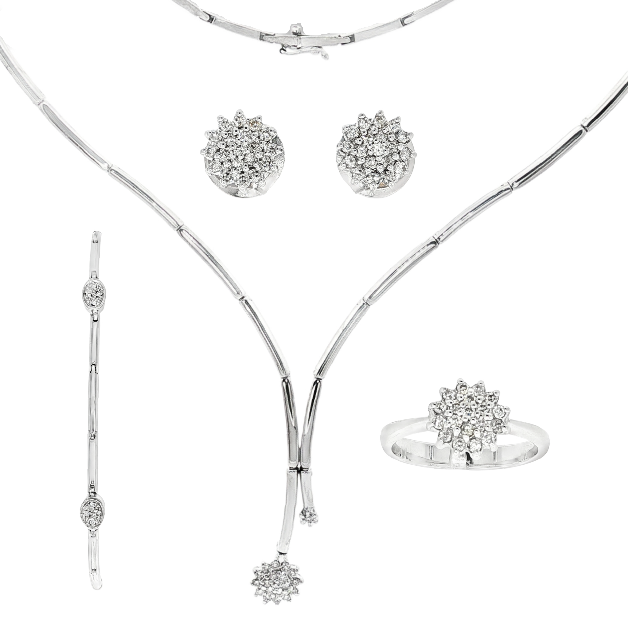 CONJUNTO COLLAR, PULSERA, SORTIJA Y PENDIENTES ORO BLANCO Y BRILLANTES