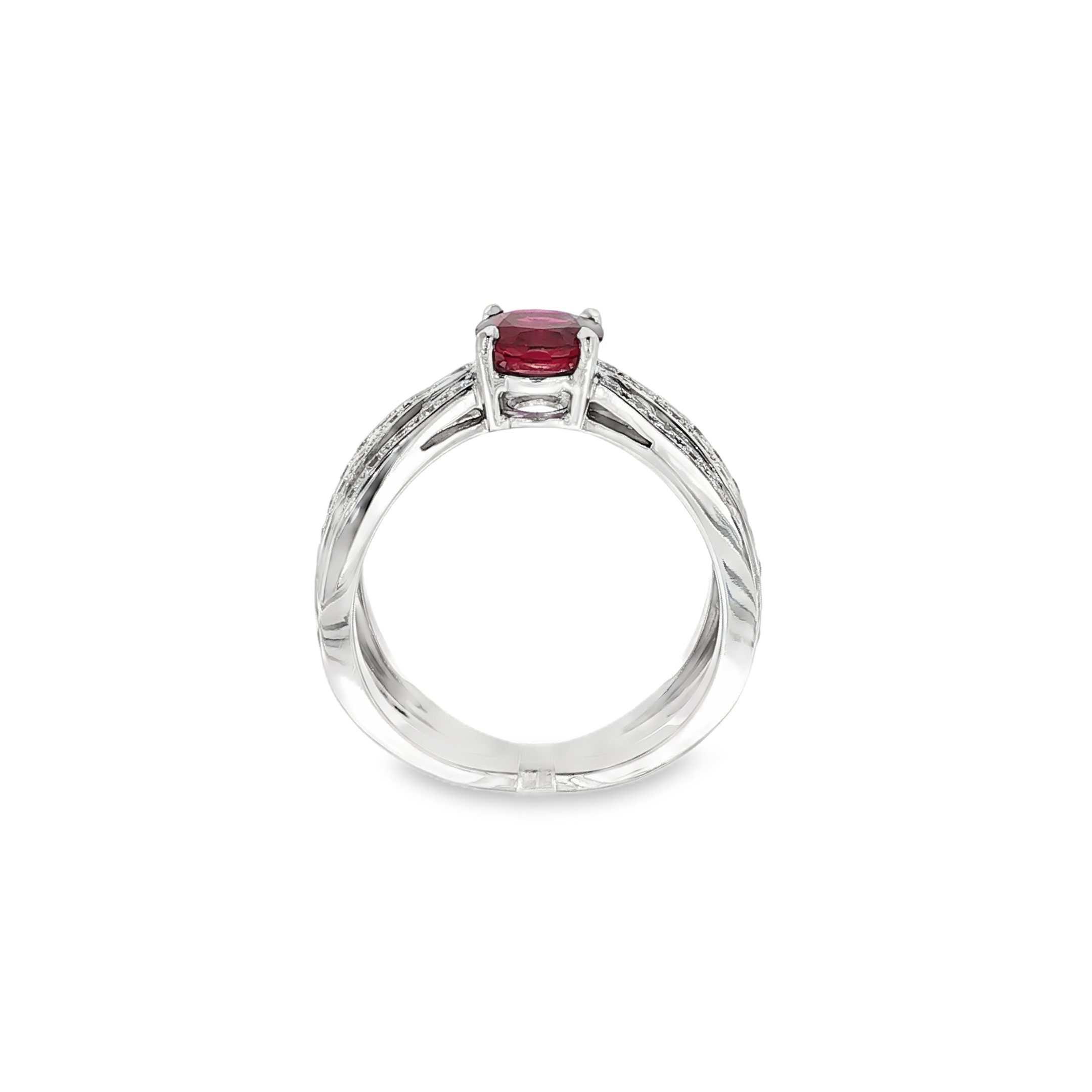 SORTIJA CRUZADA ORO BLANCO RUBÍ Y BRILLANTES