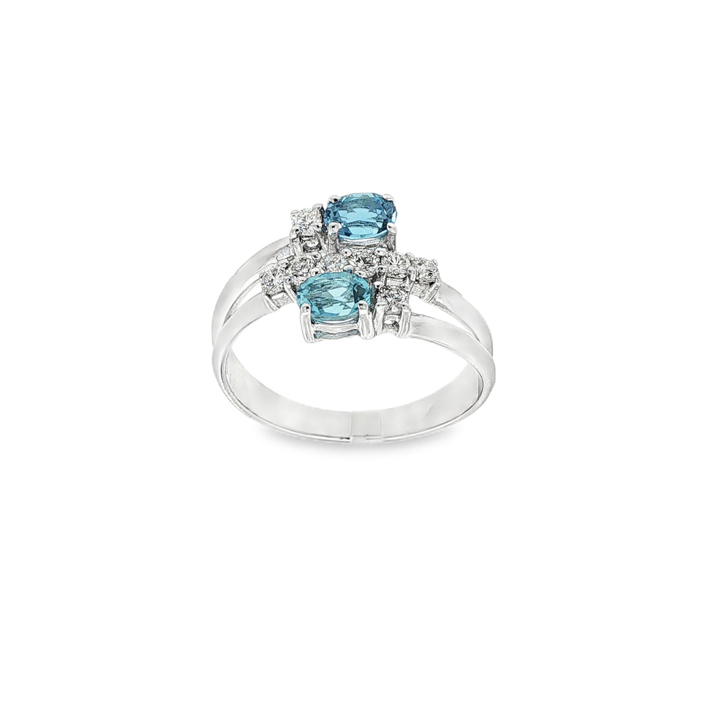 CONJUNTO ANILLO + PENDIENTES ORO BLANCO CON DIAMANTES Y AGUAMARINAS