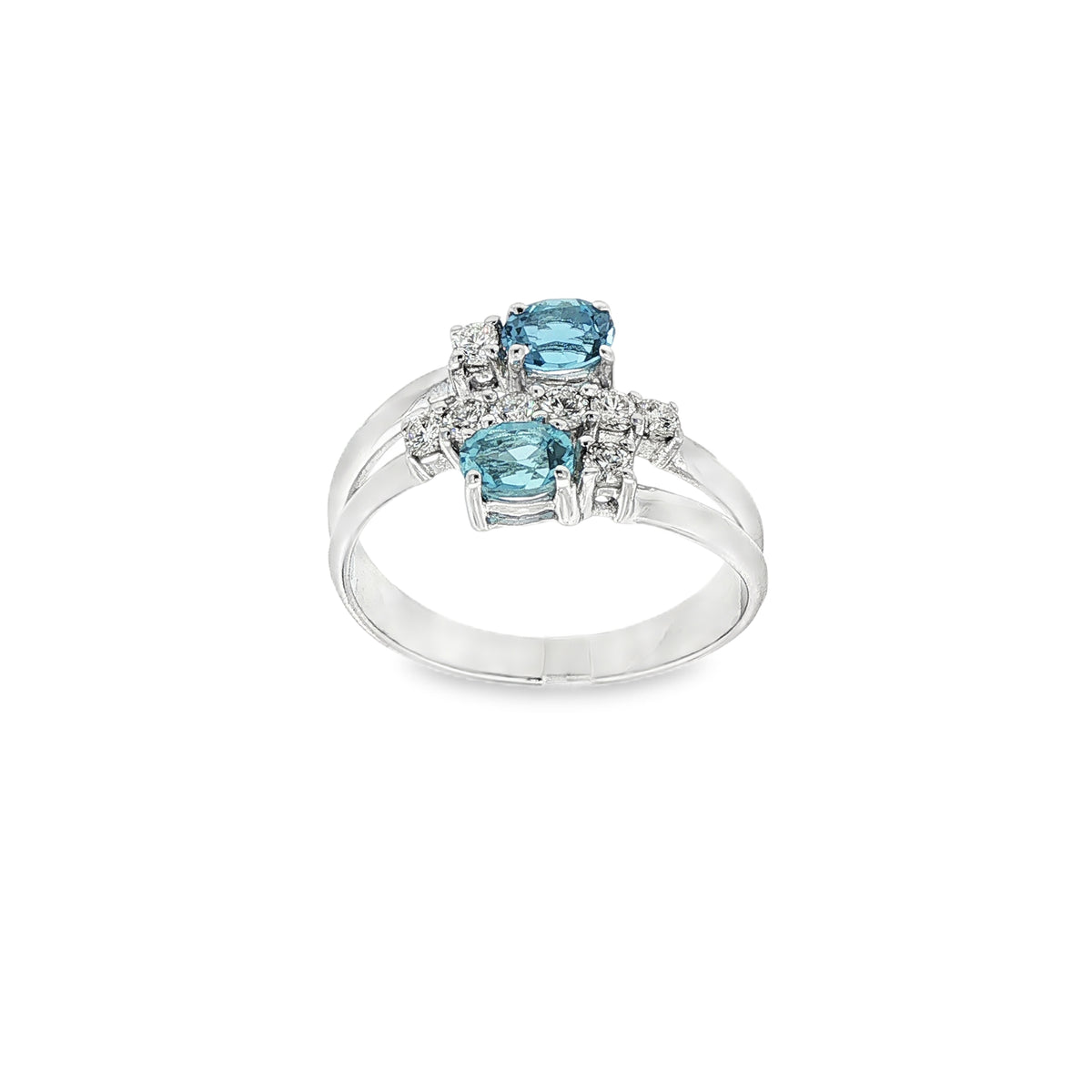 CONJUNTO ANILLO + PENDIENTES ORO BLANCO CON DIAMANTES Y AGUAMARINAS