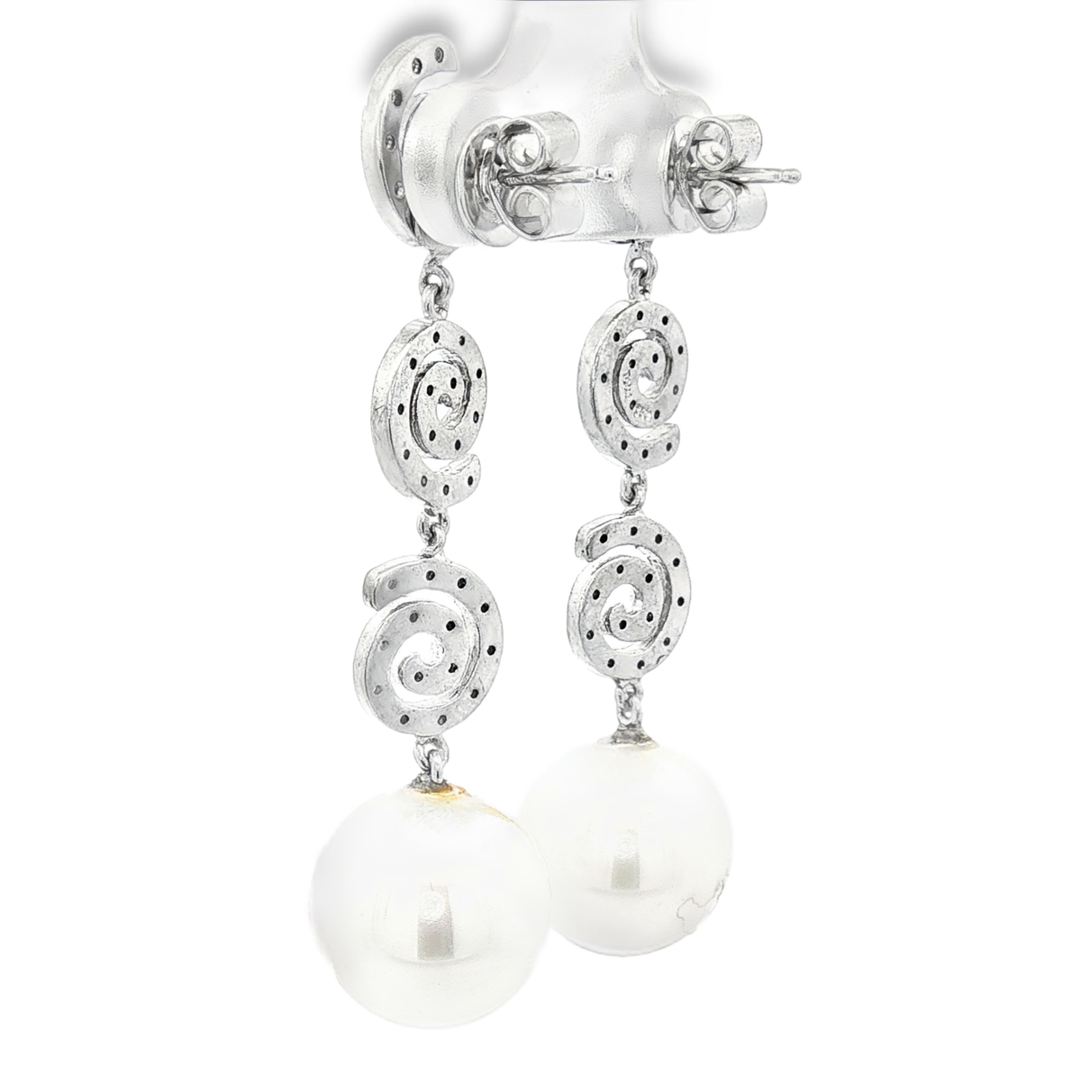 PENDIENTES ESPIRALES LARGOS ORO BLANCO CON PERLAS Y BRILLANTES TOUS
