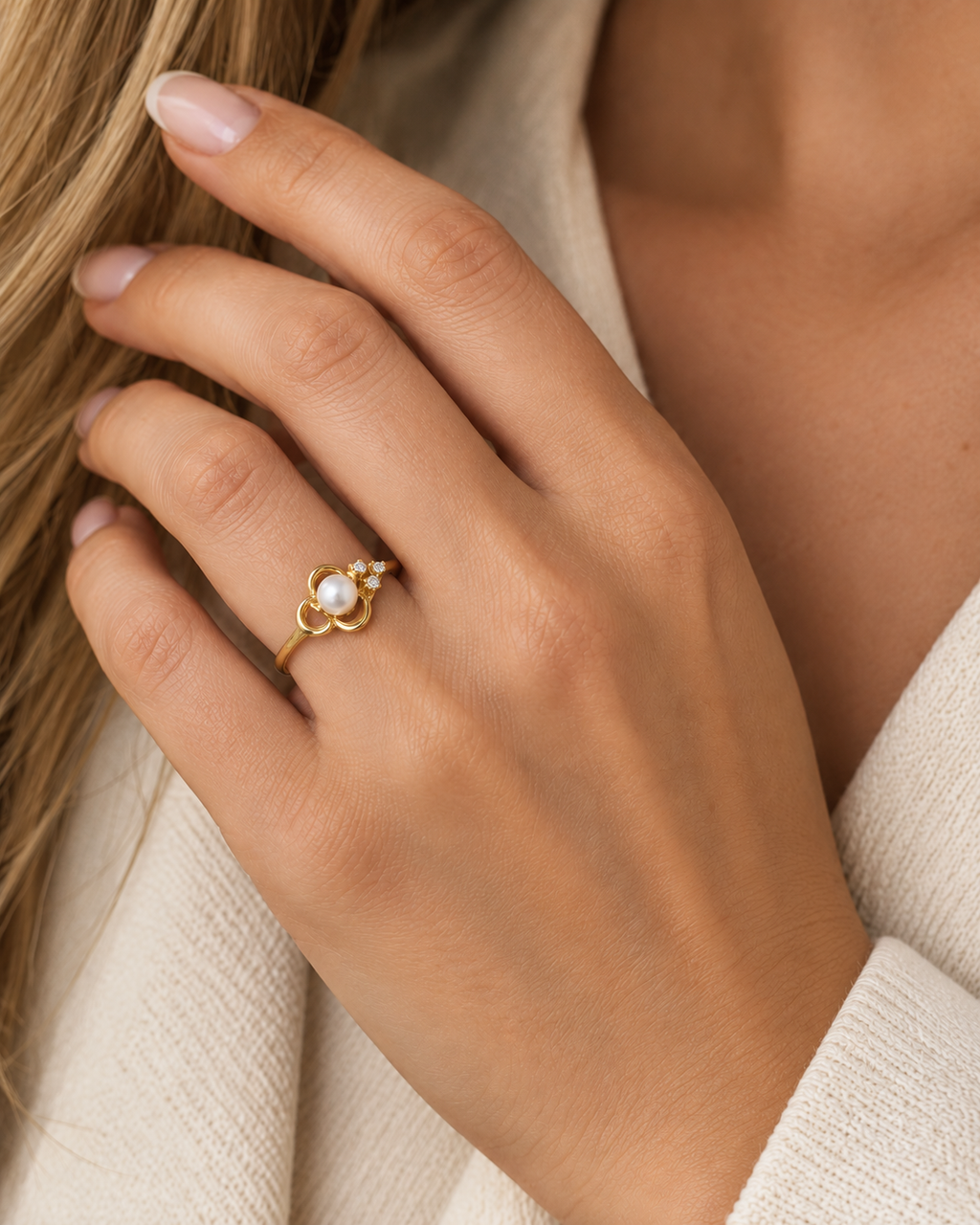 ANILLO TREBOL PERLA CON CIRCONITAS