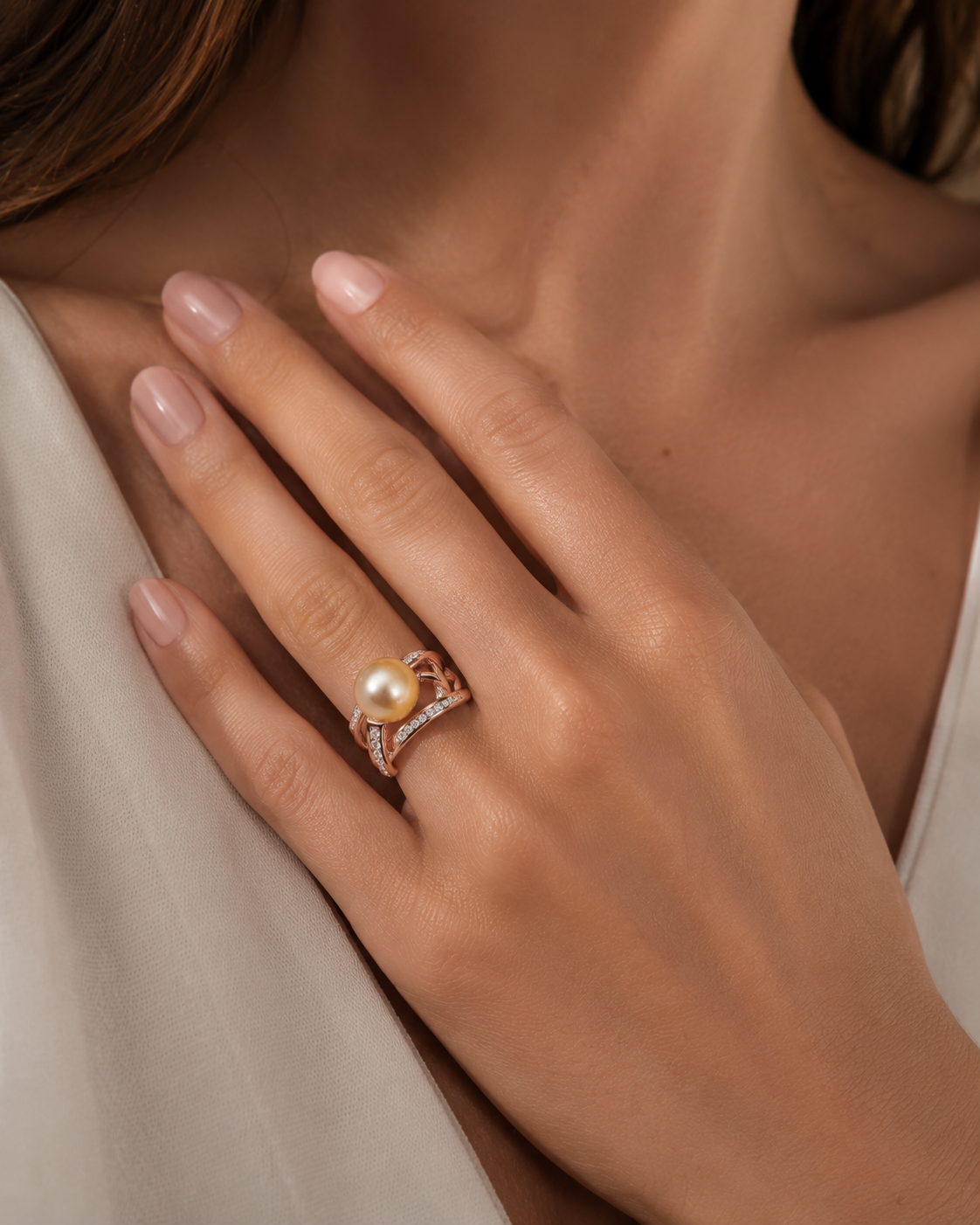 ANILLO PERLA IMPERIAL ORO ROSA CON DIAMANTES