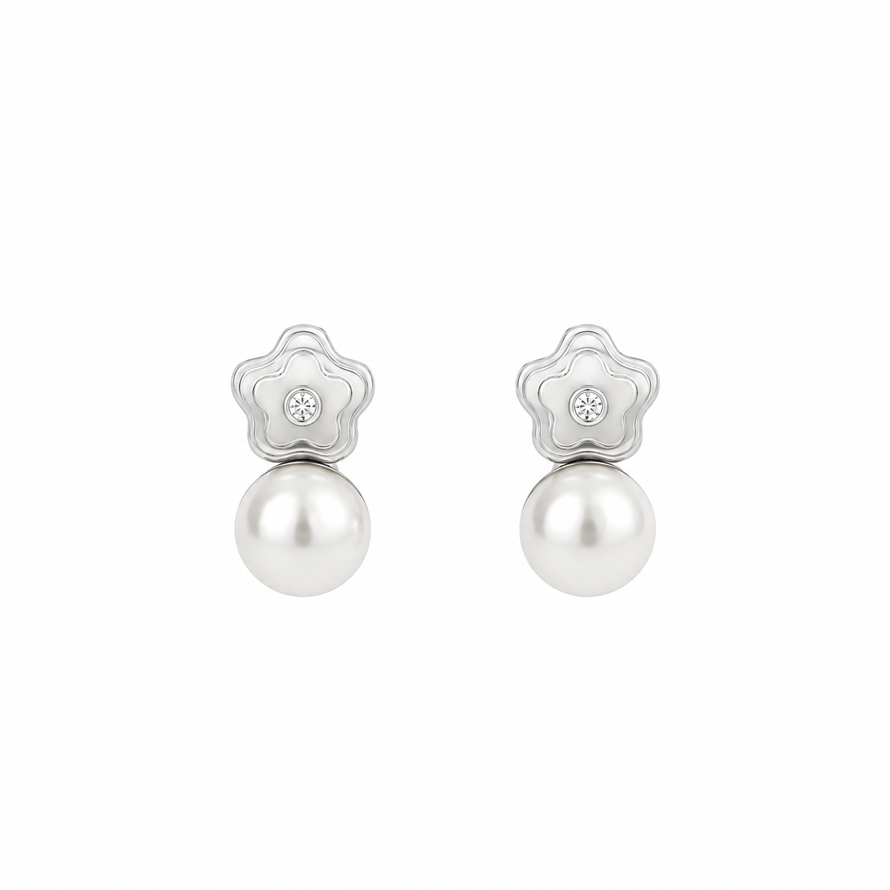 PENDIENTES FLOR ORO BLANCO CON PERLAS Y BRILLANTES