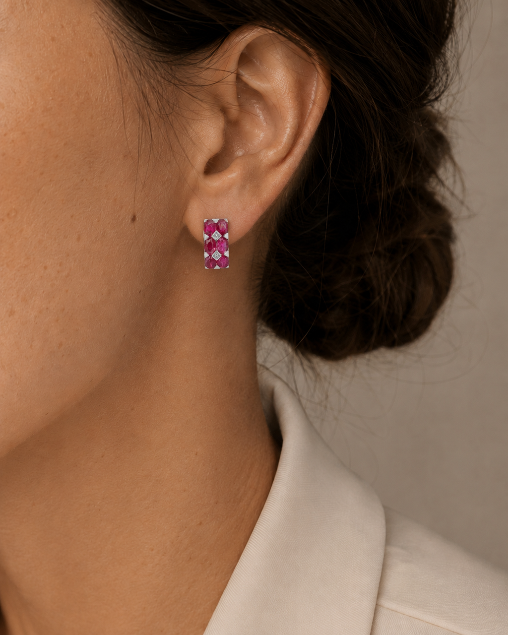 PENDIENTES ORO BLANCO RUBIS Y BRILLANTES