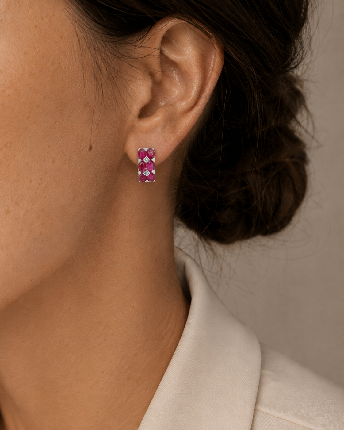 PENDIENTES ORO BLANCO RUBIS Y BRILLANTES