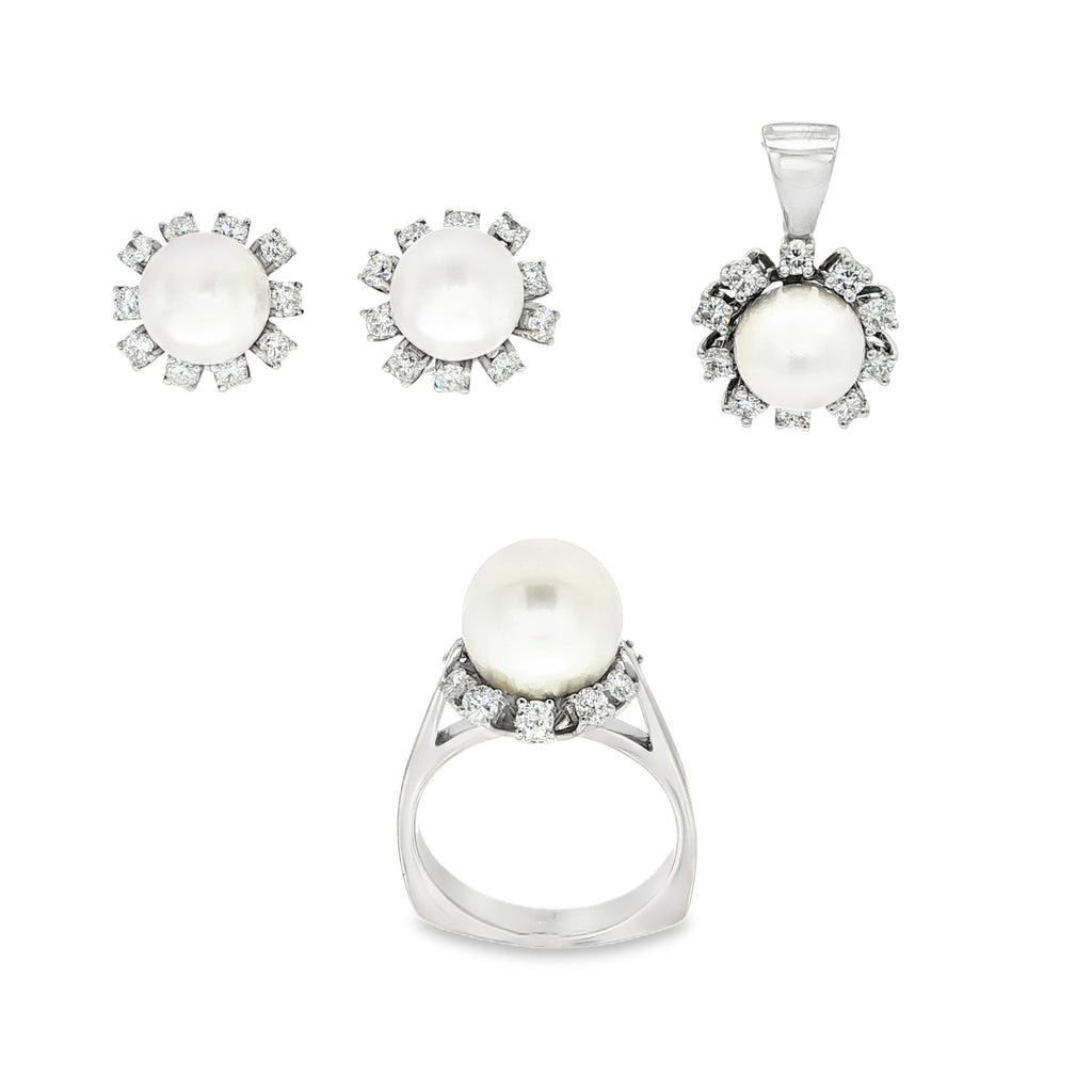 CONJUNTO ORO BLANCO CON PERLA Y BRILLANTES