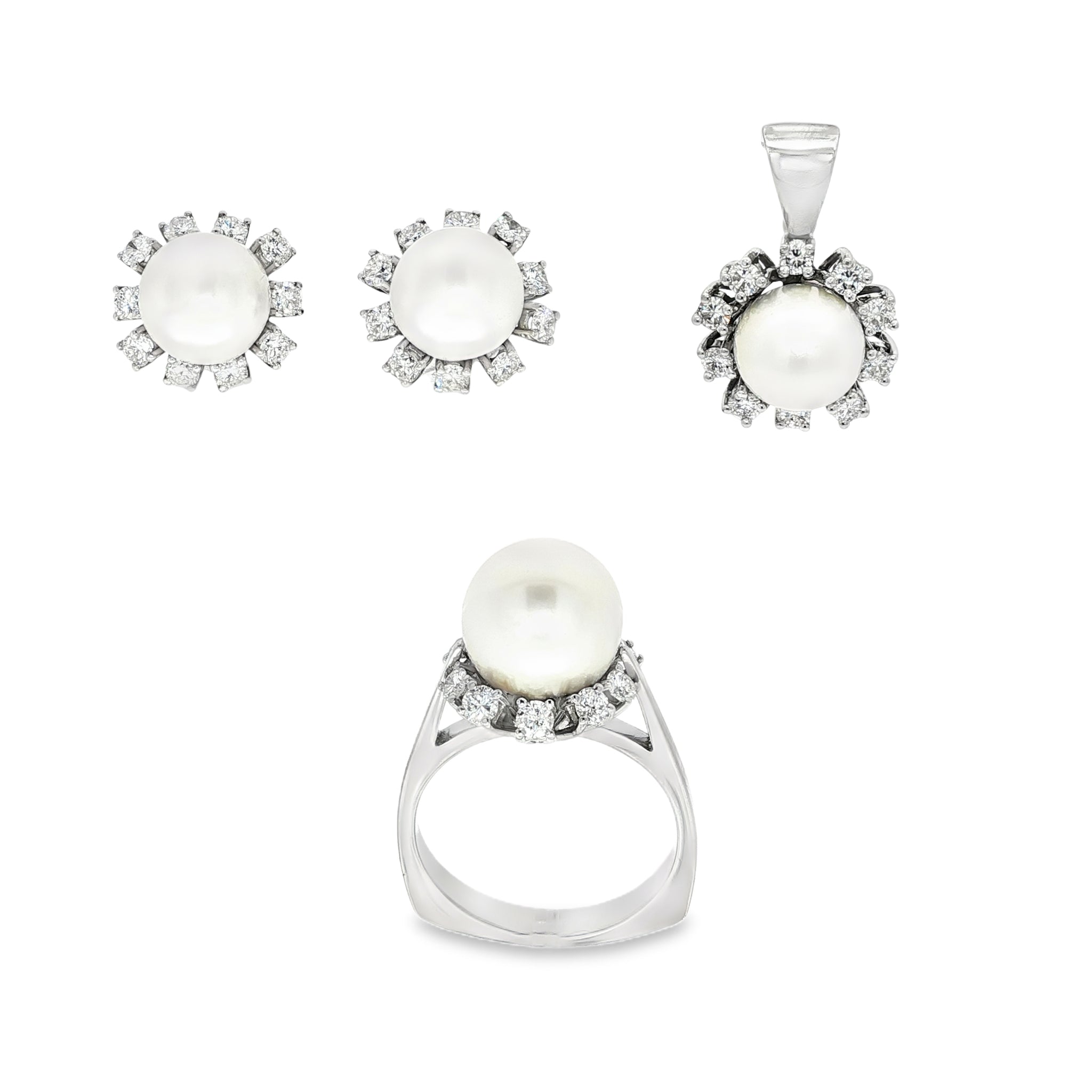 CONJUNTO ORO BLANCO CON PERLA Y BRILLANTES