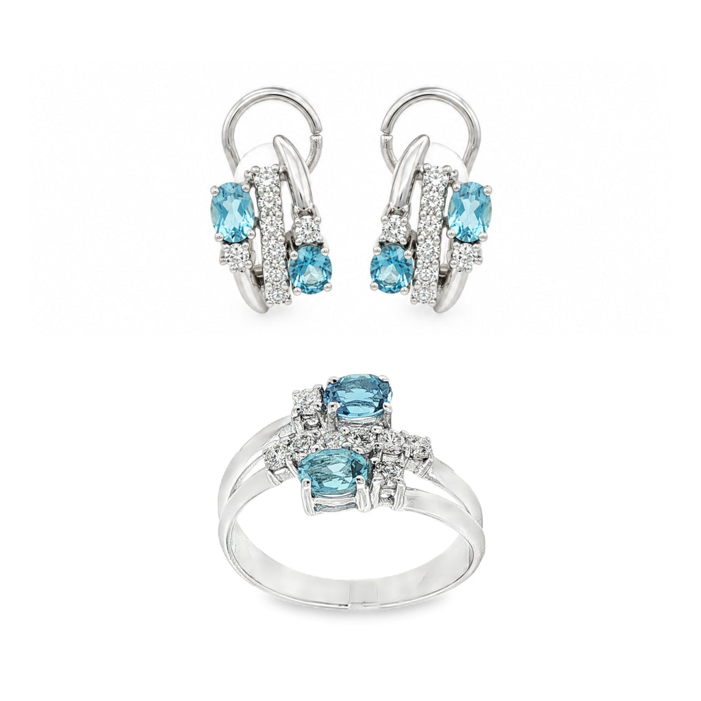 CONJUNTO ANILLO + PENDIENTES ORO BLANCO CON DIAMANTES Y AGUAMARINAS