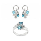 CONJUNTO ANILLO + PENDIENTES ORO BLANCO CON DIAMANTES Y AGUAMARINAS