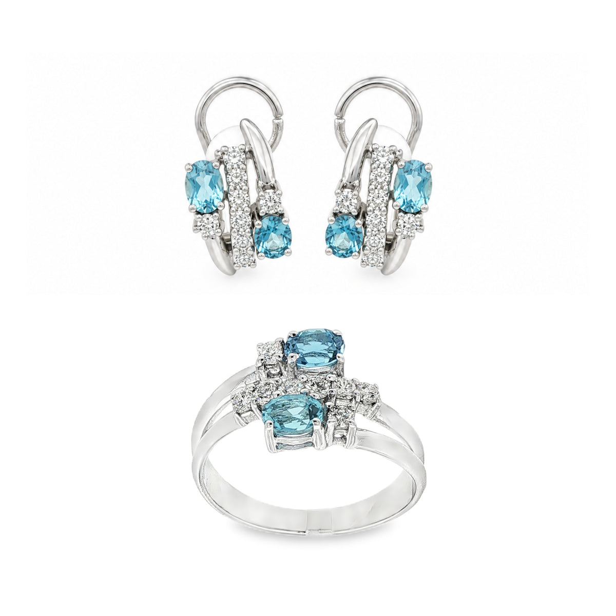 CONJUNTO ANILLO + PENDIENTES ORO BLANCO CON DIAMANTES Y AGUAMARINAS