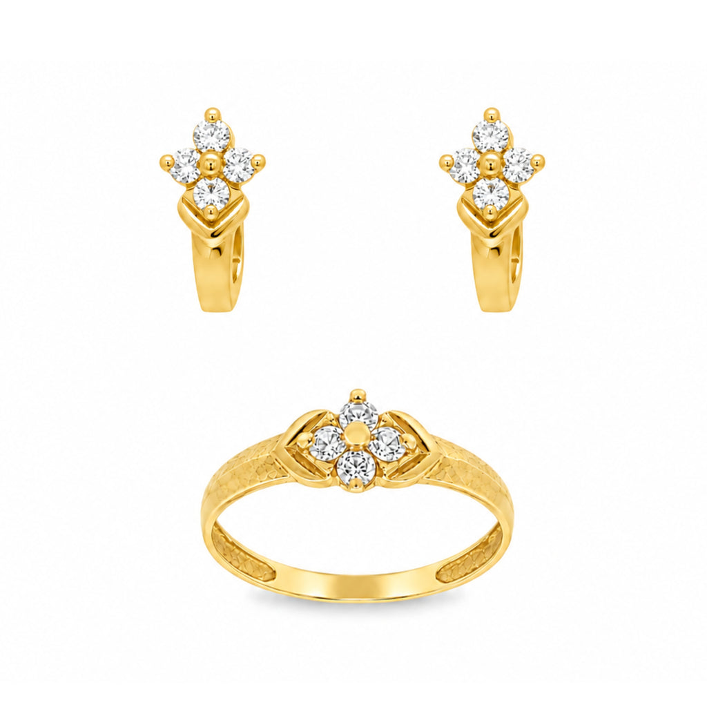 CONJUNTO NIÑA ANILLO + PENDIENTES FLOR CON CIRCONITAS