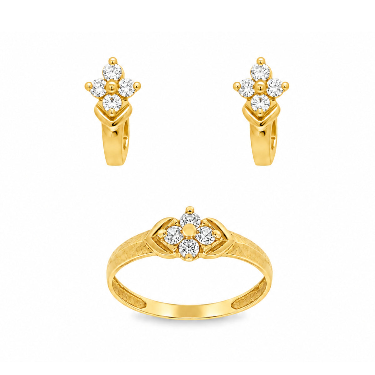 CONJUNTO NIÑA ANILLO + PENDIENTES FLOR CON CIRCONITAS