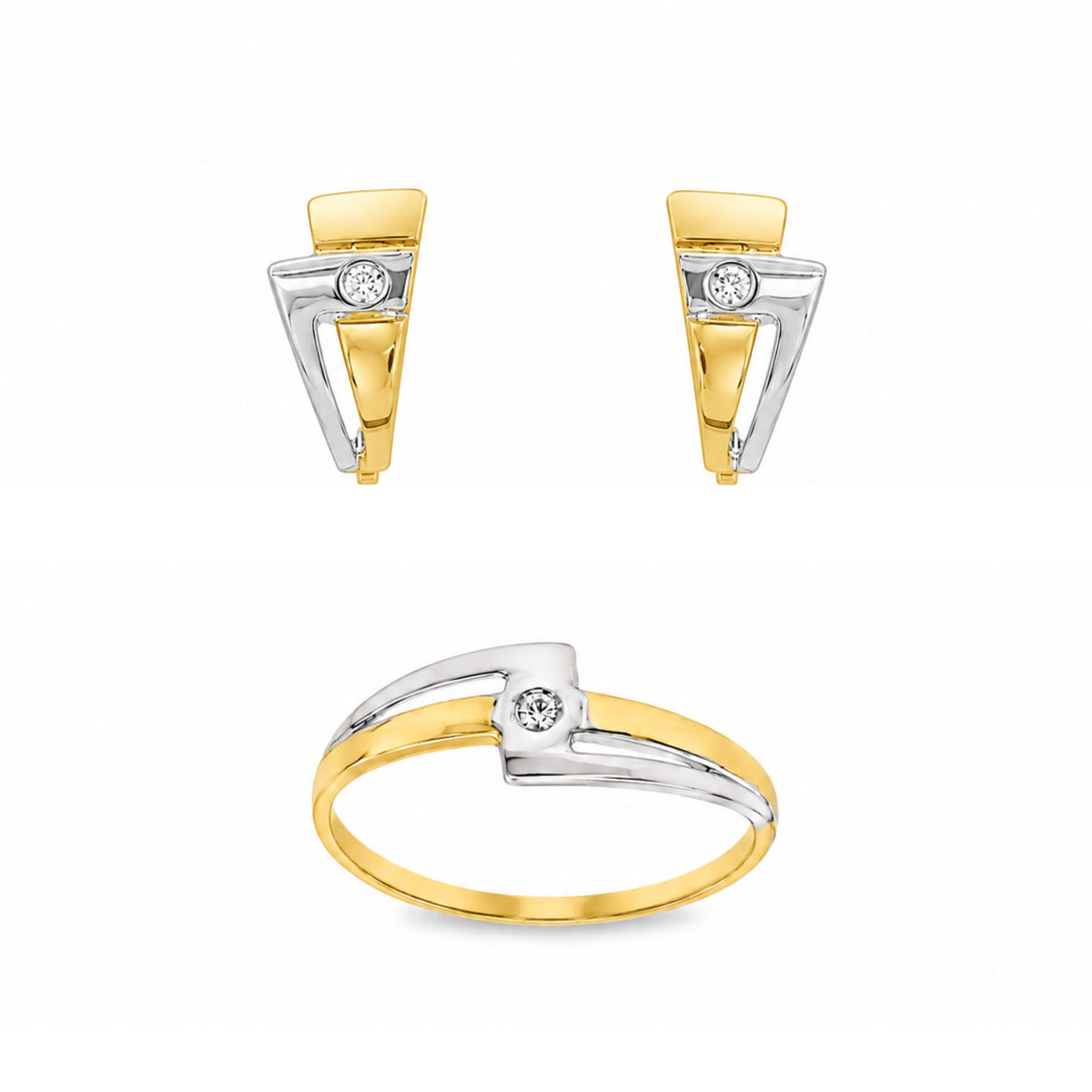 CONJUNTO DE ANILLO + PENDENTES BICOLOR CON CIRCONITA