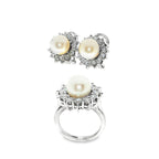 CONJUNTO ORO BLANCO ANILLO + PENDIENTES CON PERLAS Y DIAMANTES