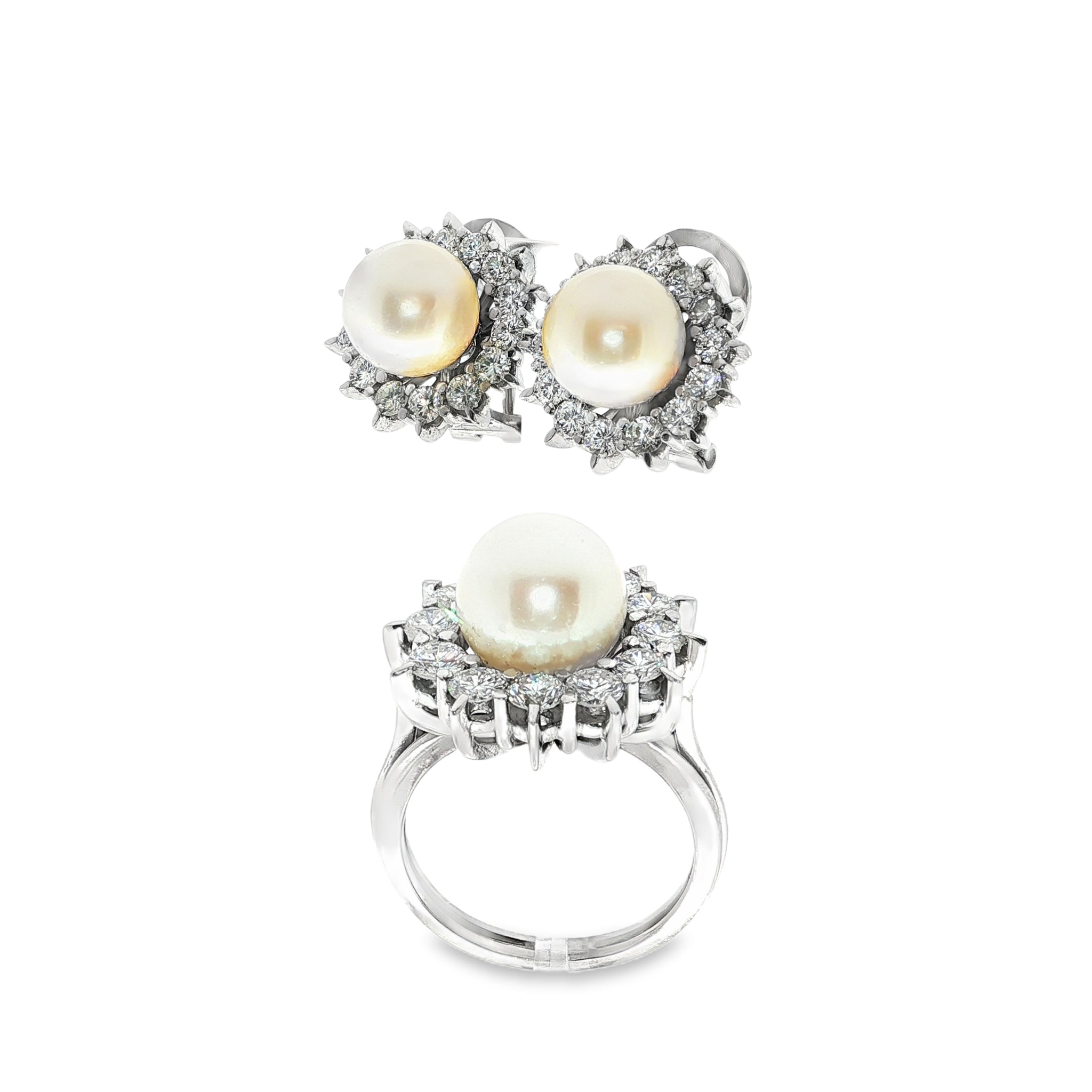 CONJUNTO ORO BLANCO ANILLO + PENDIENTES CON PERLAS Y DIAMANTES