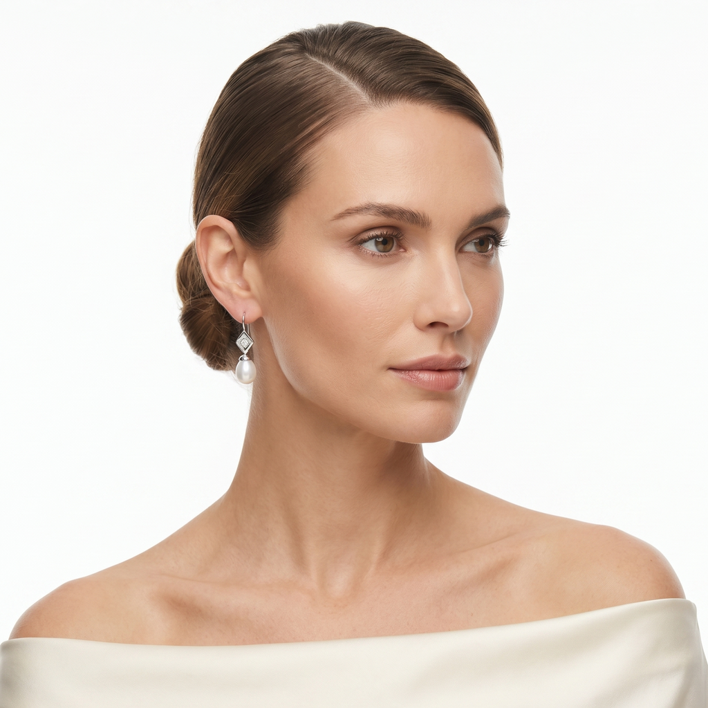 PENDIENTES ORO BLANCO CON PERLA Y BRILLANTE