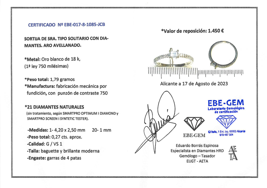ANILLO ORO BLANCO CON DIAMANTE BAGUETTE Y PUNTAS DE DIAMANTE