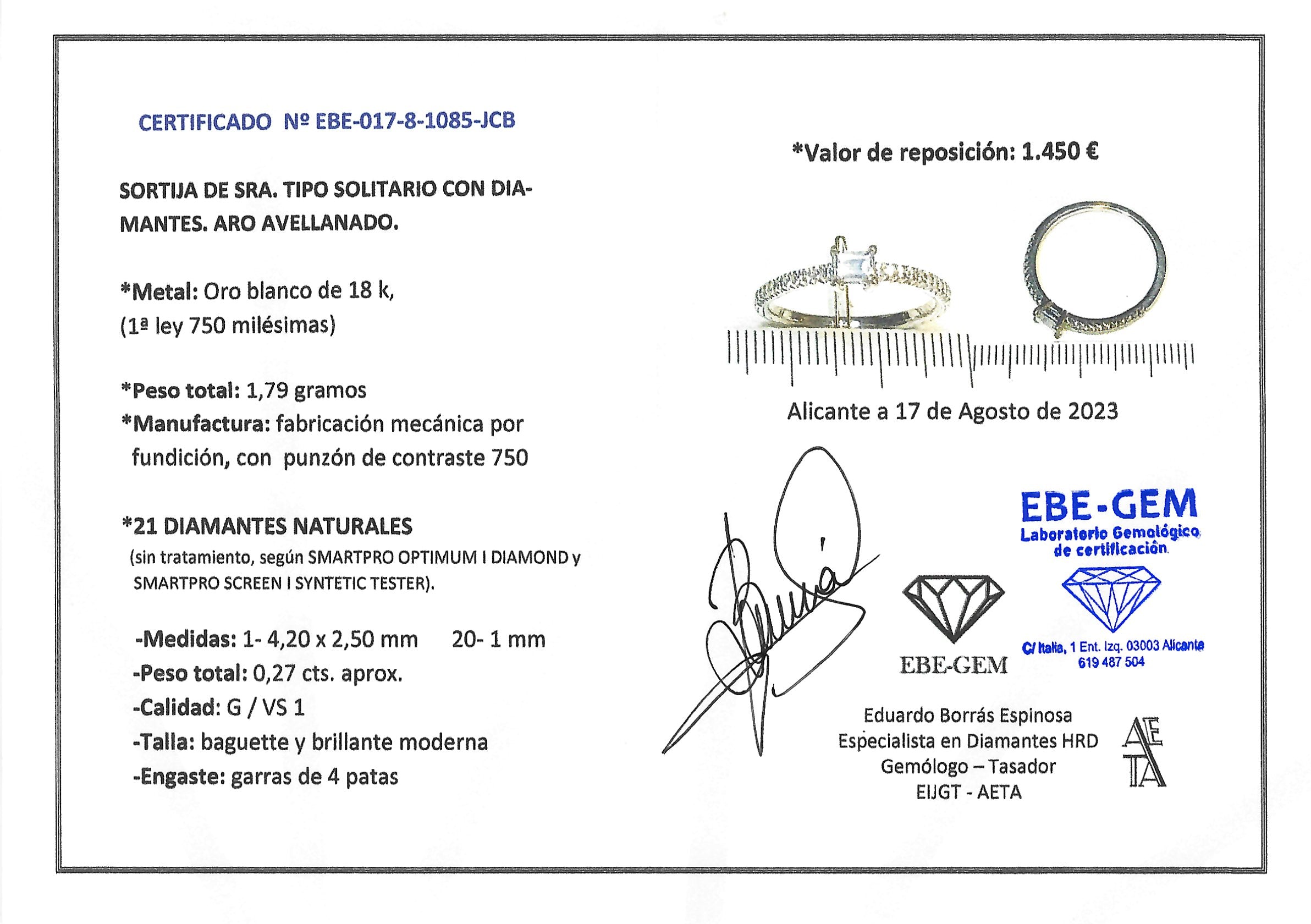 ANILLO ORO BLANCO CON DIAMANTE BAGUETTE Y PUNTAS DE DIAMANTE