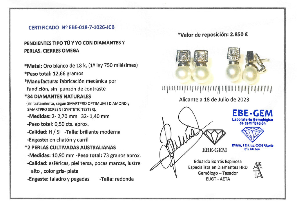 PENDIENTES ORO BLANCO CON PERLA Y DIAMANTES