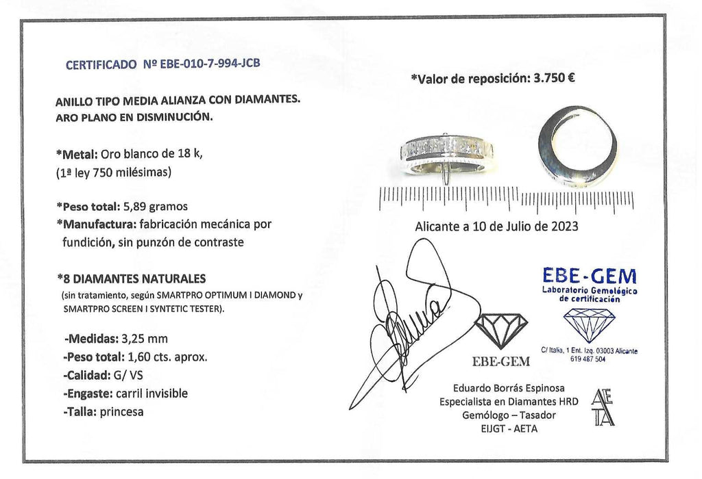 ANILLO ORO BLANCO 8 DIAMANTES PRINCESA