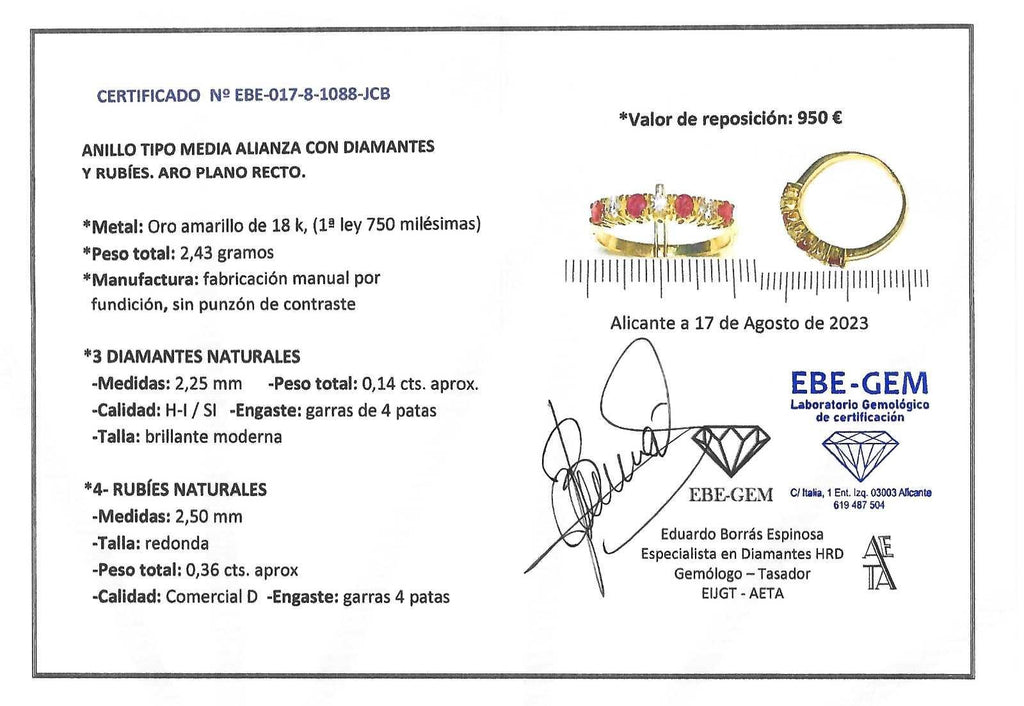 ANILLO 4 RUBIES Y 3 BRILLANTES