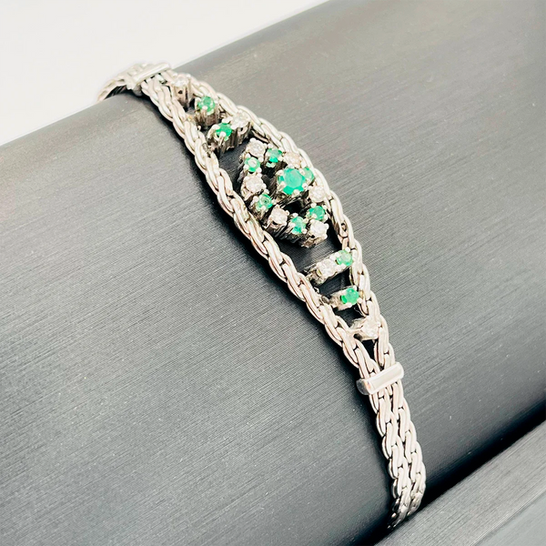 PULSERA ORO BLANCO ESMERALDAS Y DIAMANTES COLGANTE BRILLANTE