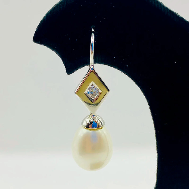 PENDIENTES ORO BLANCO CON PERLA Y BRILLANTE