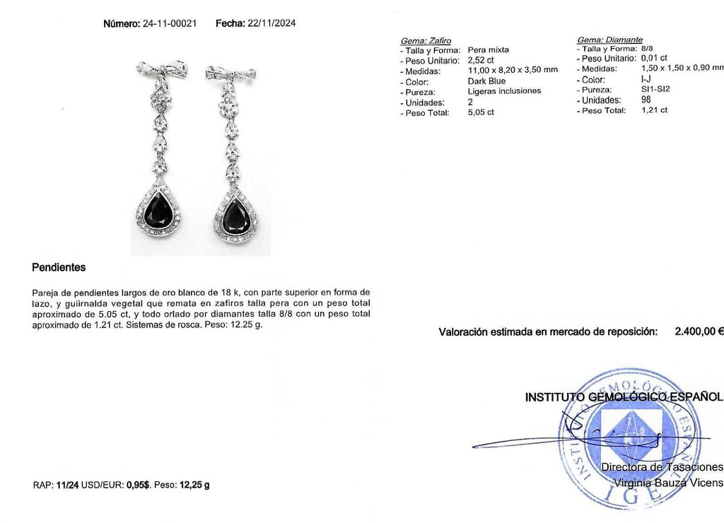 PENDIENTES LARGOS ORO BLANCO CON ZAFIROS Y DIAMANTES