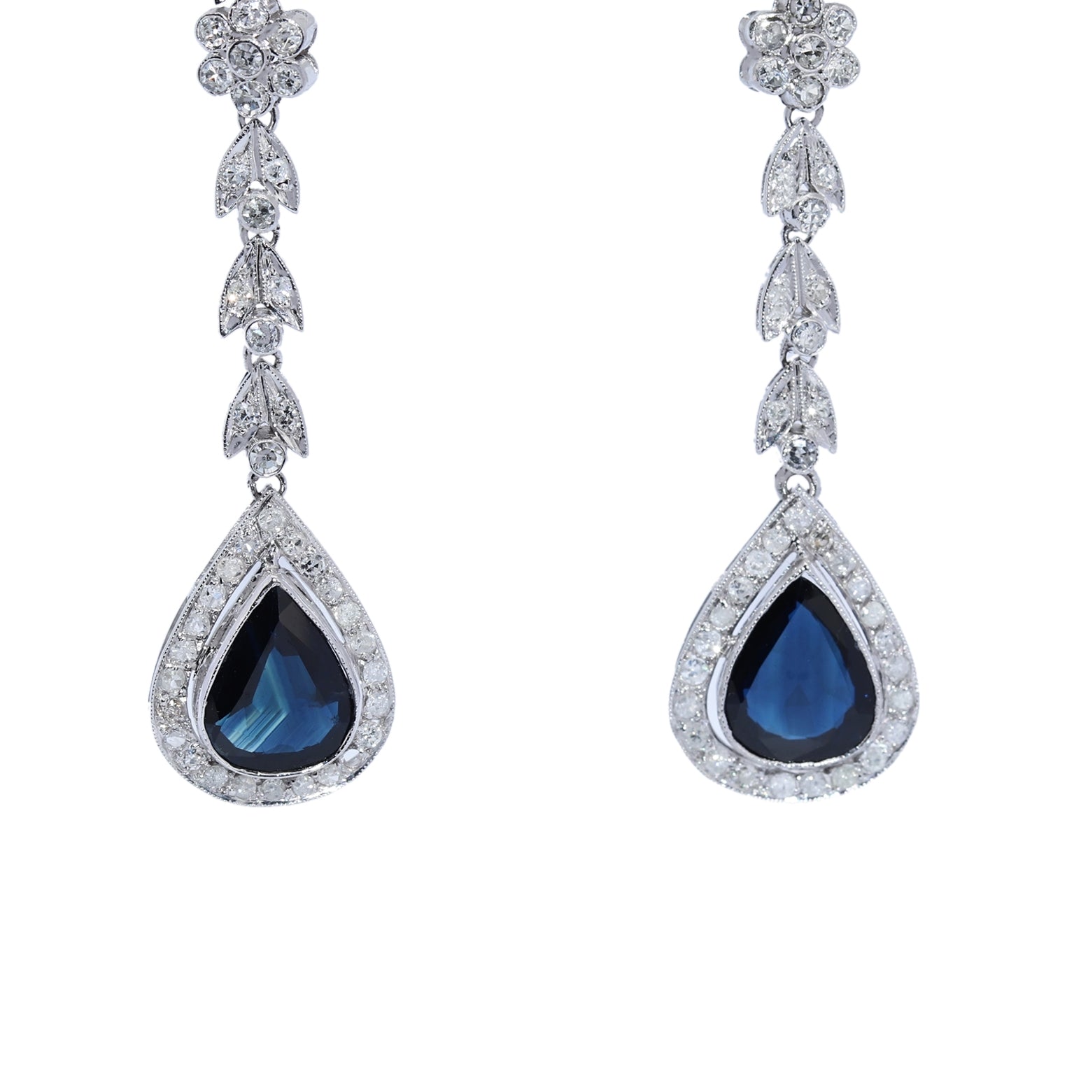 PENDIENTES LARGOS ORO BLANCO CON ZAFIROS Y DIAMANTES