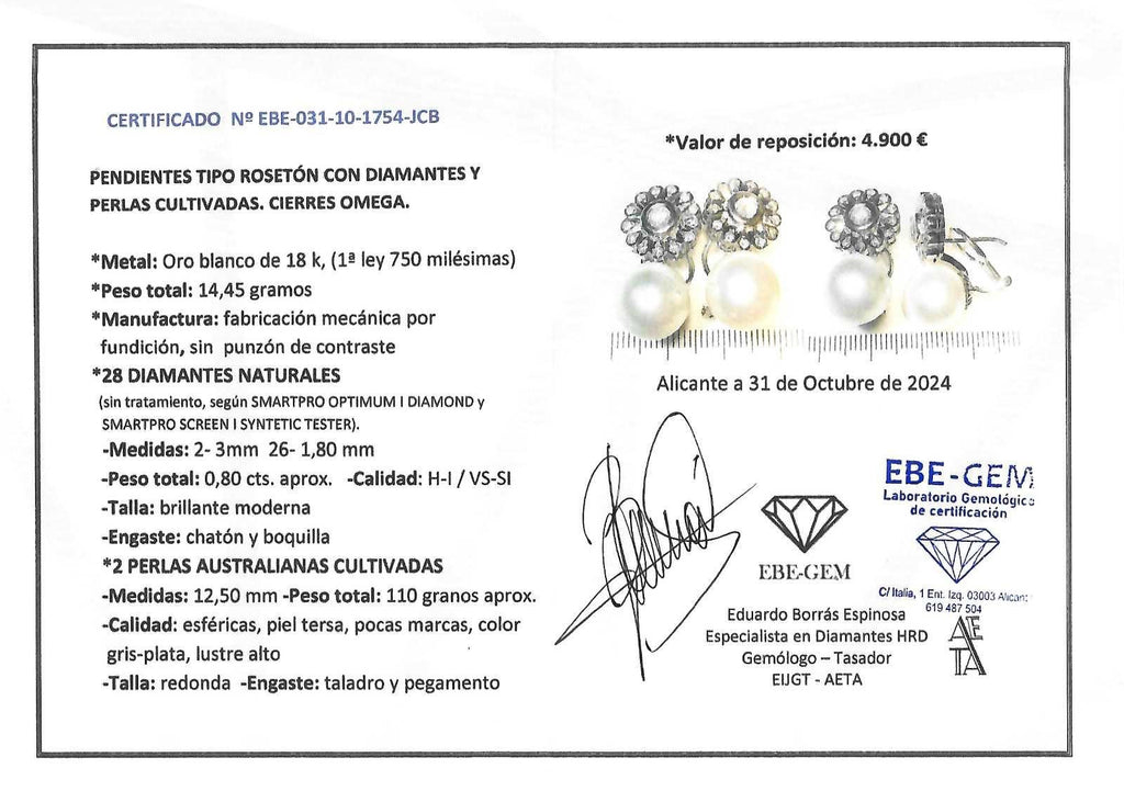 PENDIENTES FLOR DE ORO BLANCO CON DIAMANTES Y PERLAS