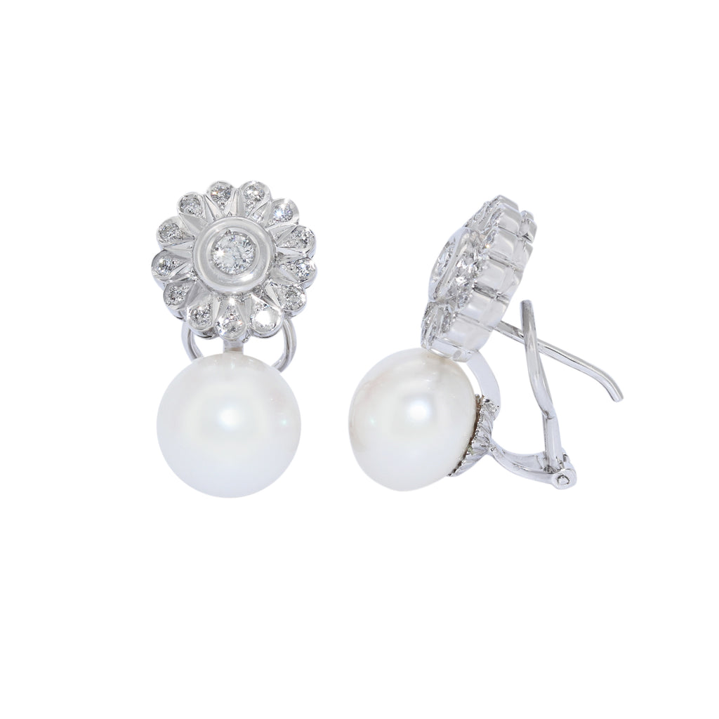 PENDIENTES FLOR DE ORO BLANCO CON DIAMANTES Y PERLAS