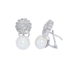 PENDIENTES FLOR DE ORO BLANCO CON DIAMANTES Y PERLAS