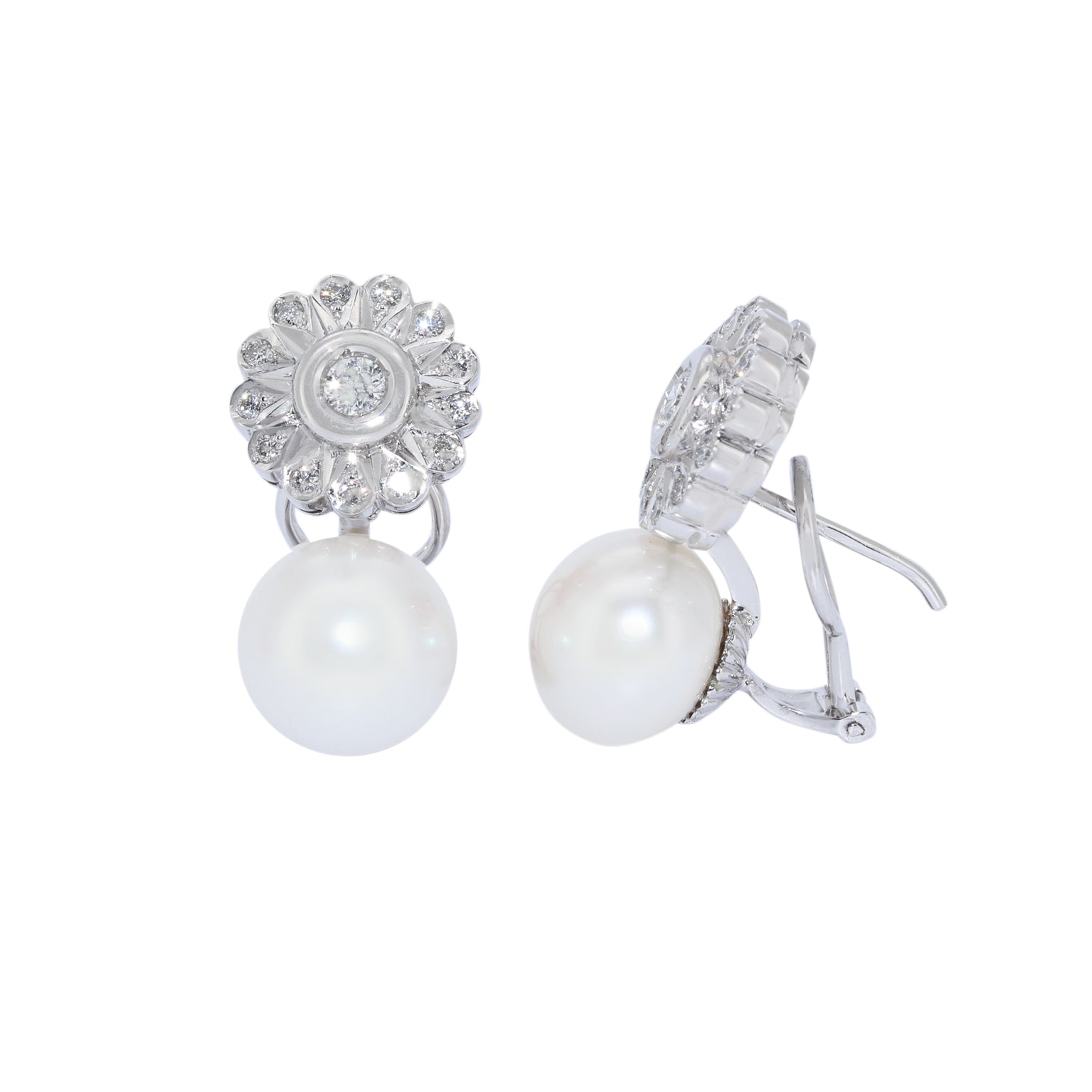PENDIENTES FLOR DE ORO BLANCO CON DIAMANTES Y PERLAS