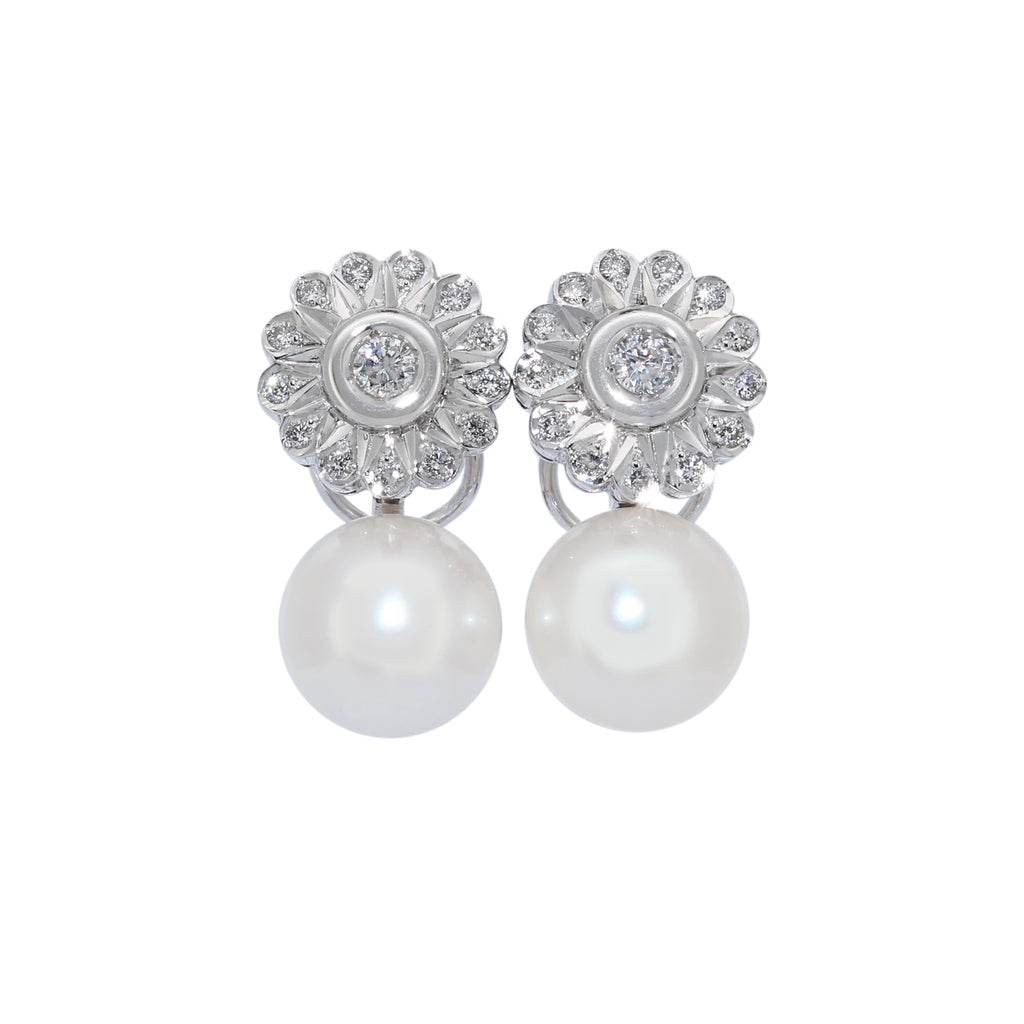 PENDIENTES FLOR DE ORO BLANCO CON DIAMANTES Y PERLAS